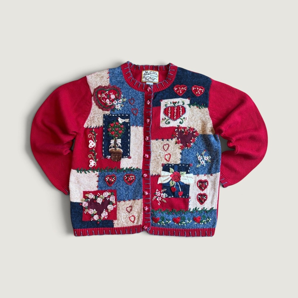 Heirloom Collectibles Vintage Patchwork Heart Floral Embroidered Cardigan Red M
